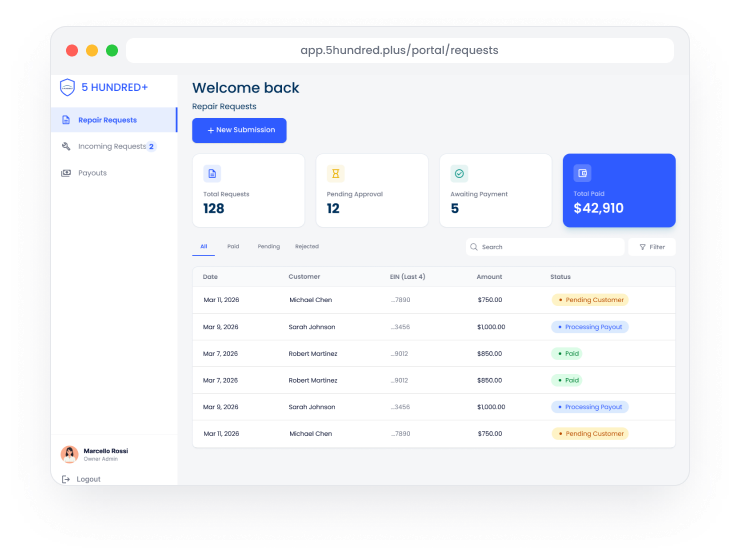 Repair Shop Portal dashboard